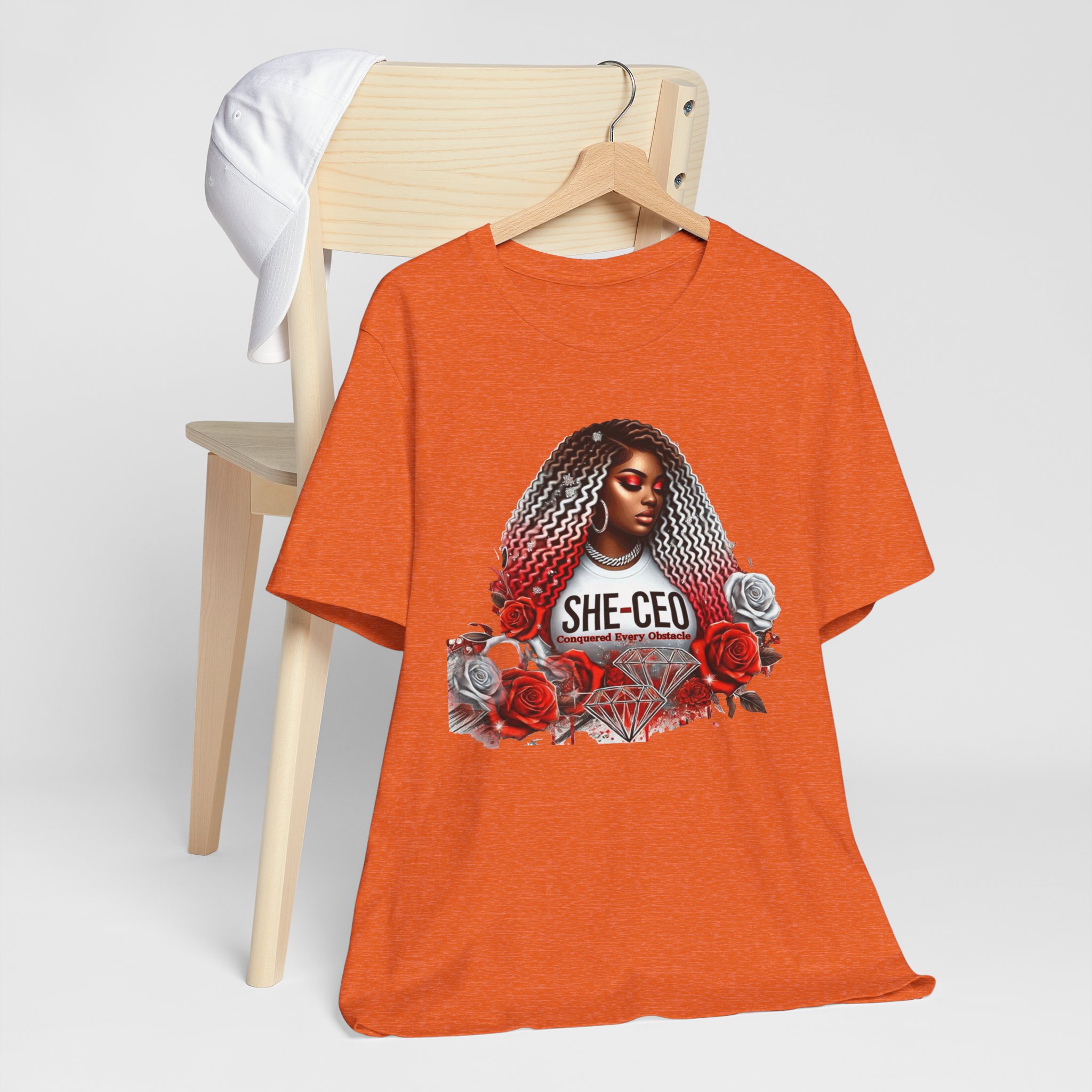 "SHE-CEO" (Conquered Every Obstacle) Empowering Unisex Jersey Tee with Rose Design; T-Shirt
